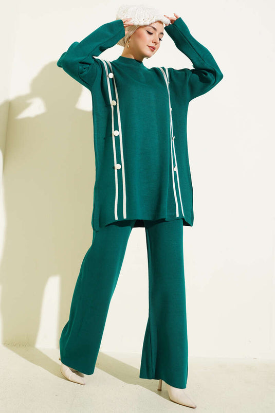 Stripe Detailed Buttoned Knitwear Two Piece Suit Emerald