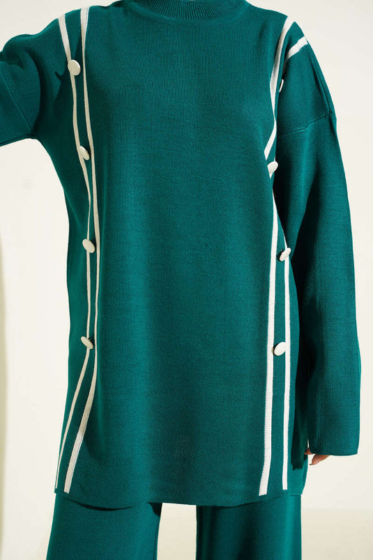 Stripe Detailed Buttoned Knitwear Two Piece Suit Emerald