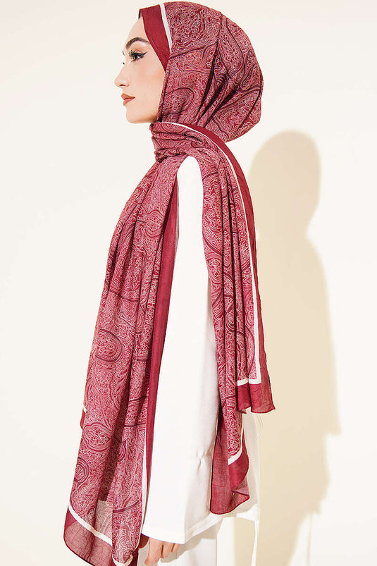 Şerit Detaylı Etnik Desenli Şal Bordo