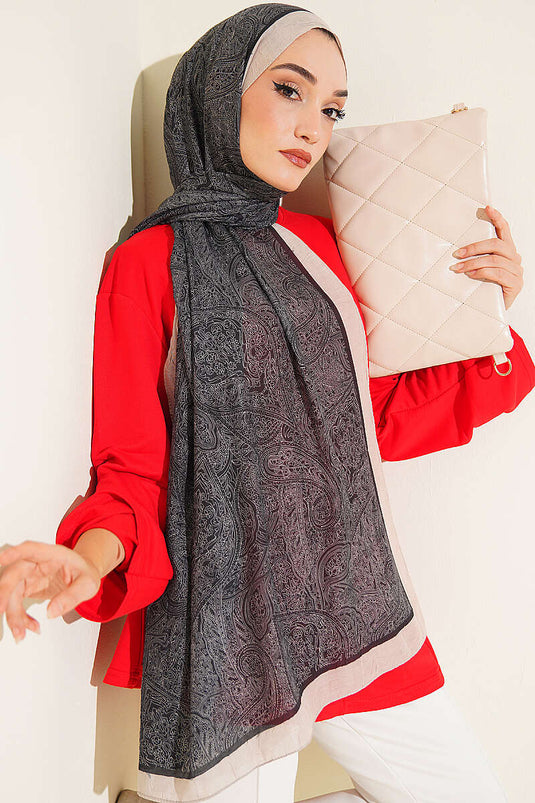 Şerit Detaylı Etnik Desenli Şal Siyah Bej