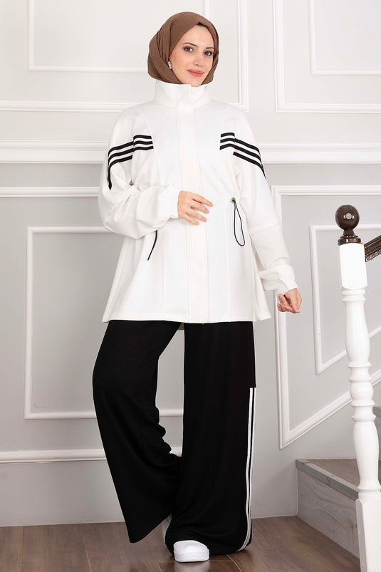 Striped Detail Zippered Sports Set White - Black