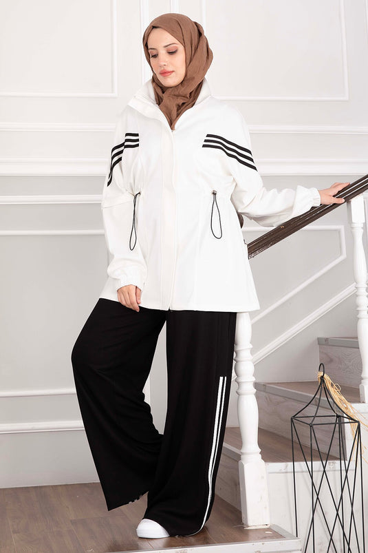 Striped Detail Zippered Sports Set White - Black