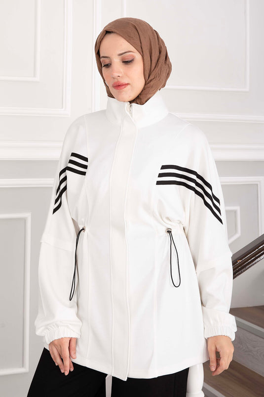Striped Detail Zippered Sports Set White - Black