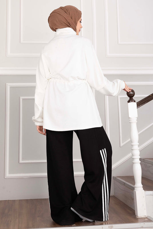 Striped Detail Zippered Sports Set White - Black