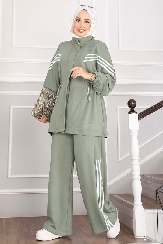 Haki Striped Zippered Sports Set
