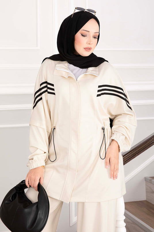 Cream Two-Piece Sport Set With Stripe Details And Zipper