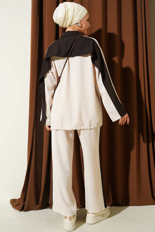 Ensemble Deux Pièces À Fermeture Éclair Rayé Beige