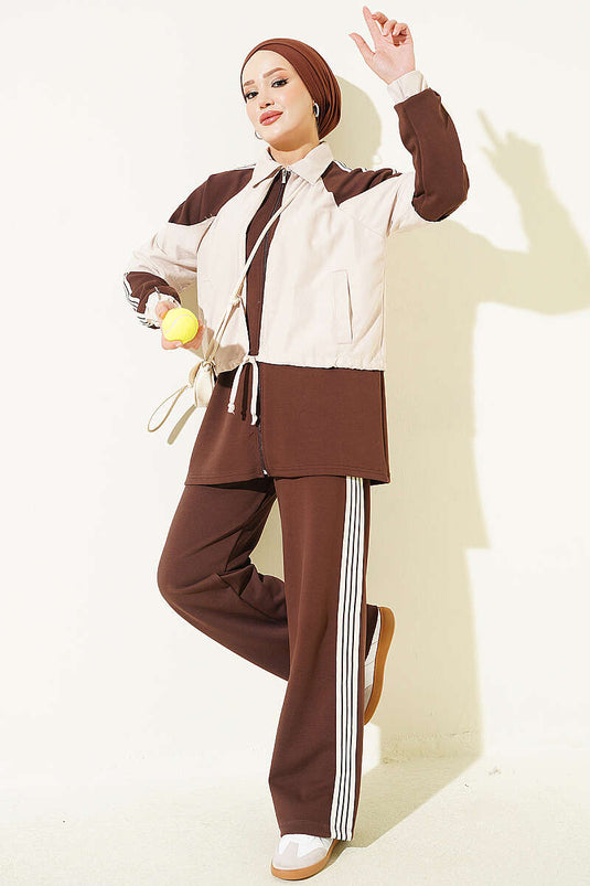Striped Detail Knit Two-Piece Set In Coffee