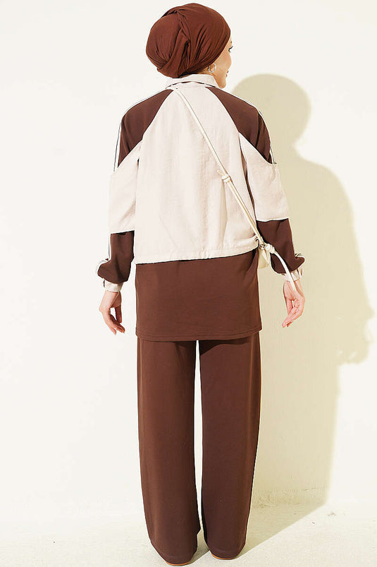 Striped Detail Knit Two-Piece Set In Coffee