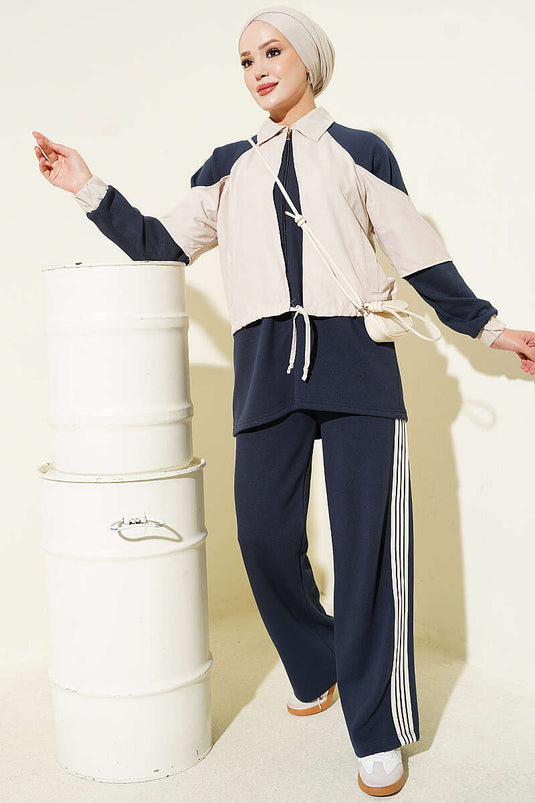 Navy Blue Striped Knit Two-Piece Set