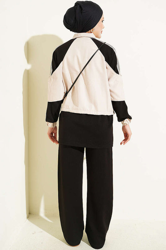 Striped Detail Knit Two-Piece Set Black