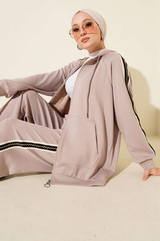 Zweiteiliges Set mit Streifenmuster und Kapuze, Stein