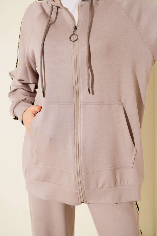 Zweiteiliges Set mit Streifenmuster und Kapuze, Stein