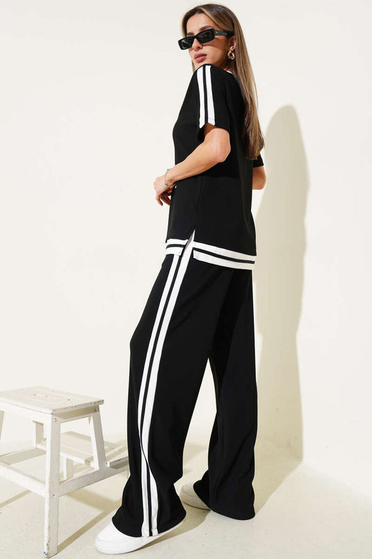 Ensemble deux pièces ottoman noir à rayures et manches courtes