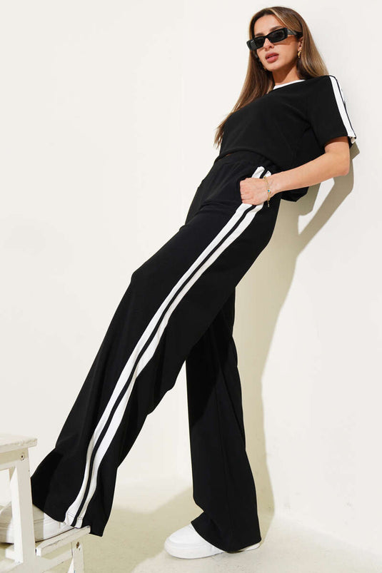 Ensemble deux pièces ottoman noir à rayures et manches courtes