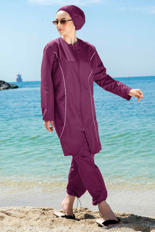 Stripe Detailed Modest Swimsuit Fuchsia