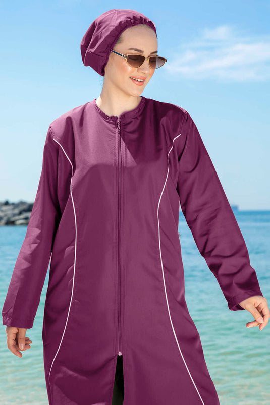 Stripe Detailed Modest Swimsuit Fuchsia