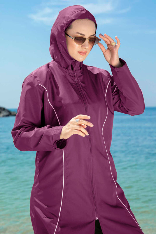 Stripe Detailed Modest Swimsuit Fuchsia