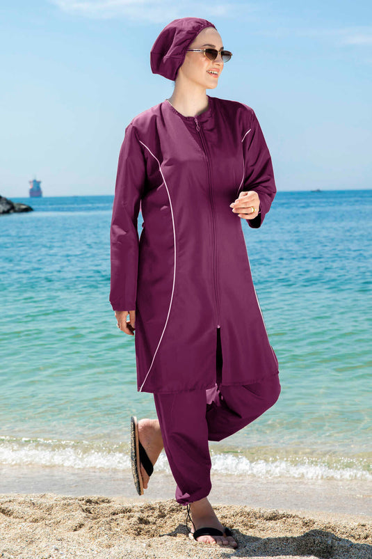 Stripe Detailed Modest Swimsuit Fuchsia