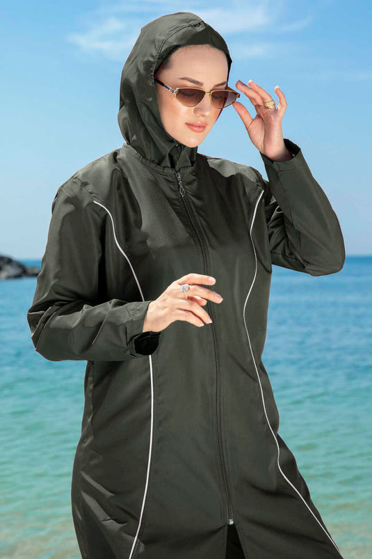 Stripe Detailed Modest Swimsuit Khaki