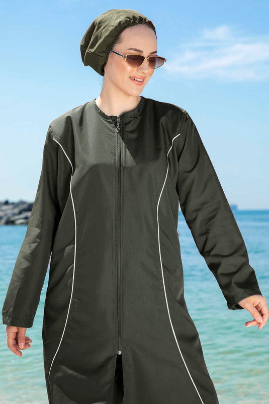 Stripe Detailed Modest Swimsuit Khaki