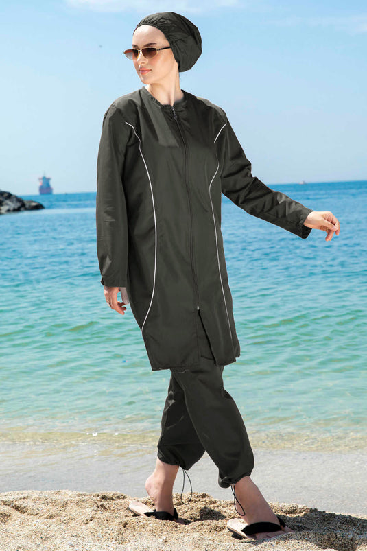 Stripe Detailed Modest Swimsuit Khaki