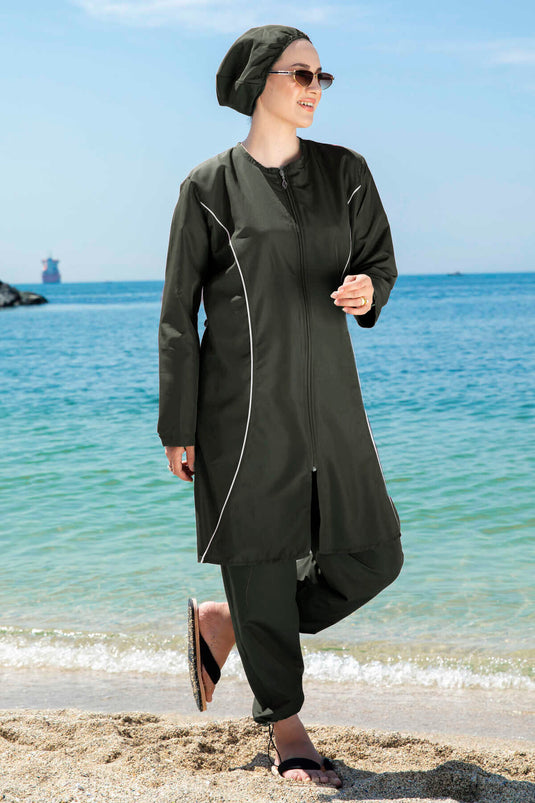 Stripe Detailed Modest Swimsuit Khaki