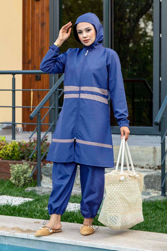 Striped Detail Parachute Fabric Modest Swimsuit Indigo