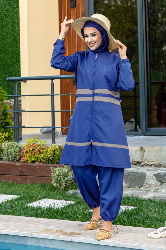 Gestreept gedetailleerd parachutestof hijab-badpak indigo