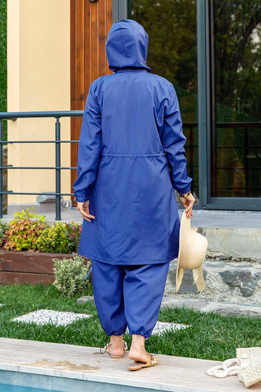 Gestreept gedetailleerd parachutestof hijab-badpak indigo