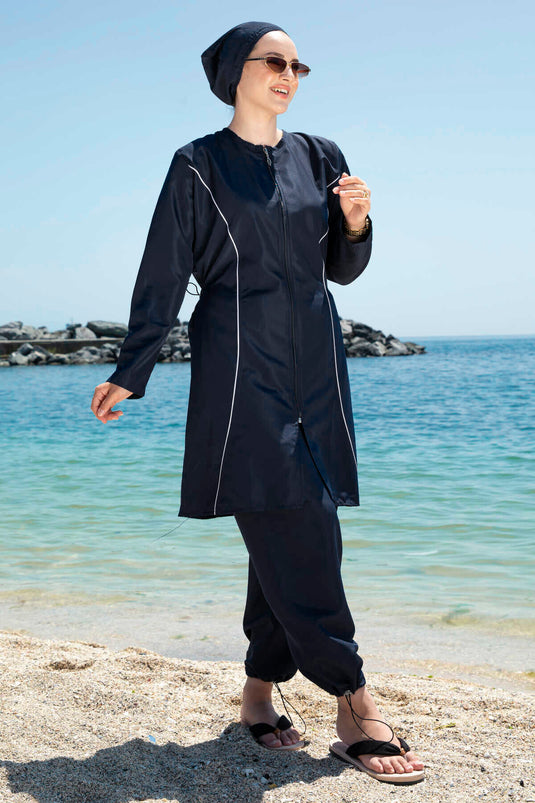 Stripe Detailed Hijab Swimsuit Navy Blue