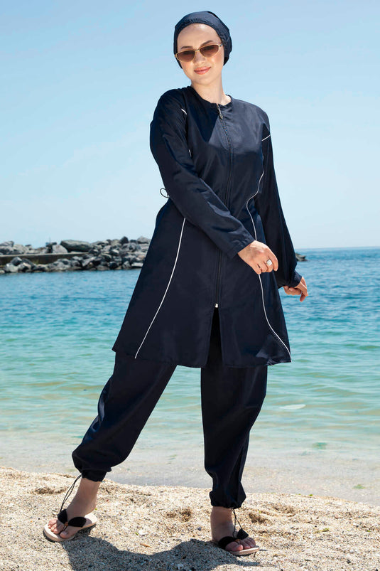 Stripe Detailed Hijab Swimsuit Navy Blue