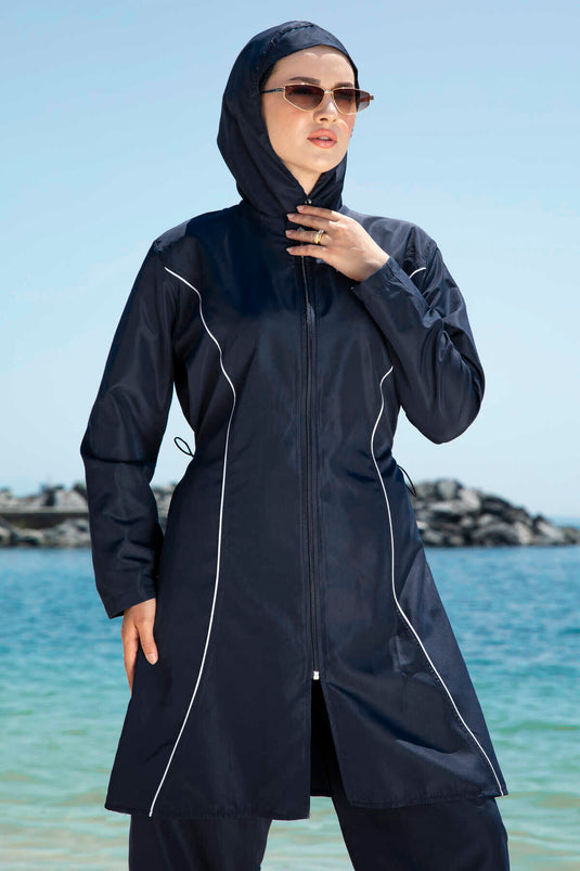 Stripe Detailed Hijab Swimsuit Navy Blue