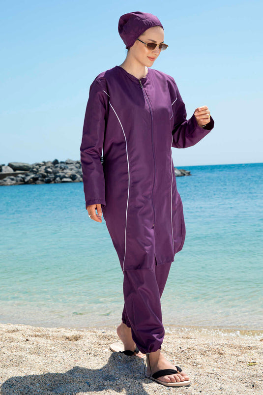 Stripe Detailed Modest Swimsuit Purple