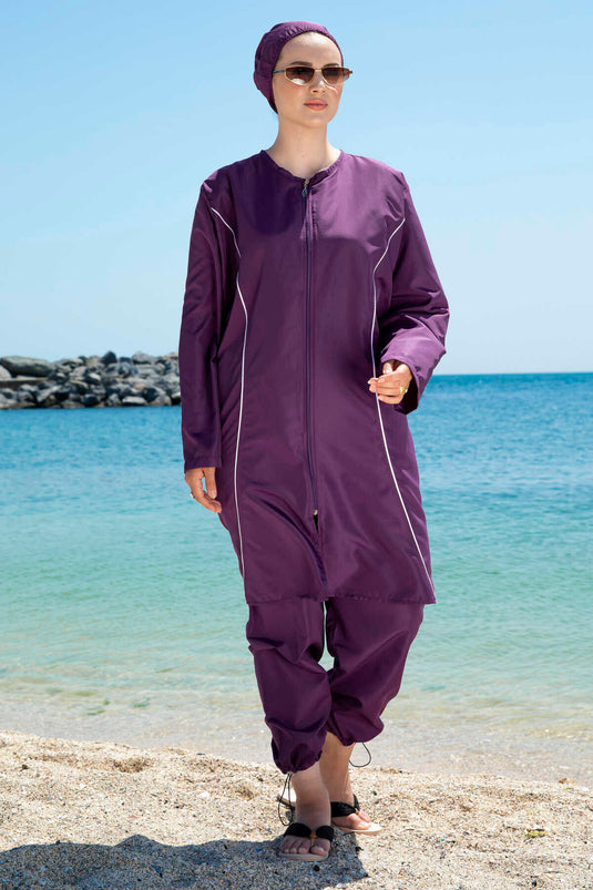 Stripe Detailed Modest Swimsuit Purple