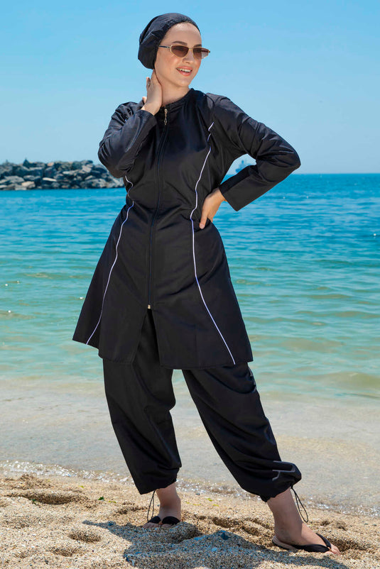 Stripe Detailed Hijab Swimsuit Black