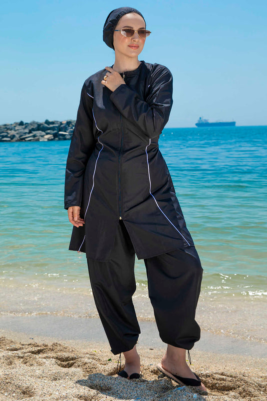 Stripe Detailed Hijab Swimsuit Black