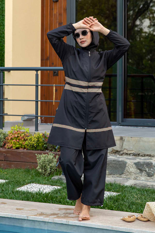 Striped Detail Parachute Fabric Modest Swimsuit Black