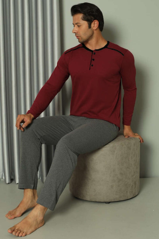 طقم بيجامة رجالي بأكمام طويلة مع تفاصيل شريطية، لون خمري