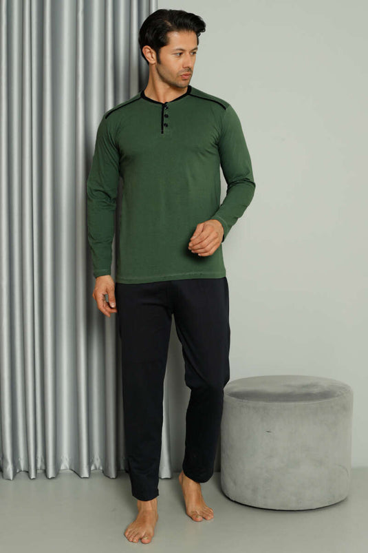 طقم بيجامة رجالي بأكمام طويلة مع تفاصيل شريطية باللون الزيتوني