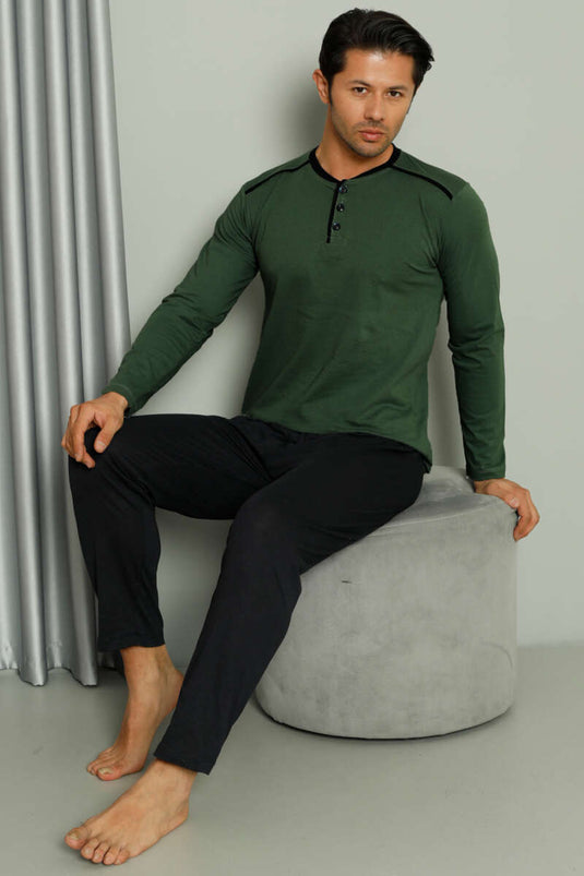 طقم بيجامة رجالي بأكمام طويلة مع تفاصيل شريطية باللون الزيتوني