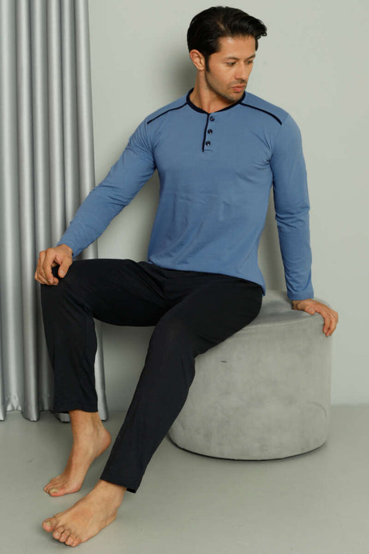 طقم بيجامة رجالي بأكمام طويلة مع تفاصيل شريطية باللون الأزرق