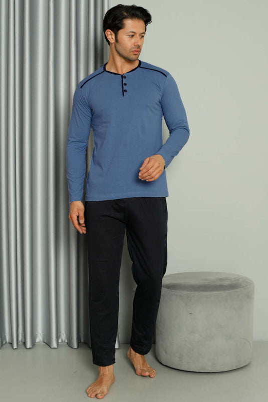 طقم بيجامة رجالي بأكمام طويلة مع تفاصيل شريطية باللون الأزرق