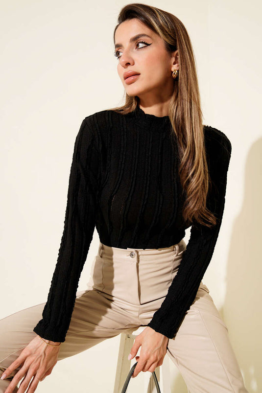 Şerit Fırfırlı Balıkçı Yaka Bluz Siyah