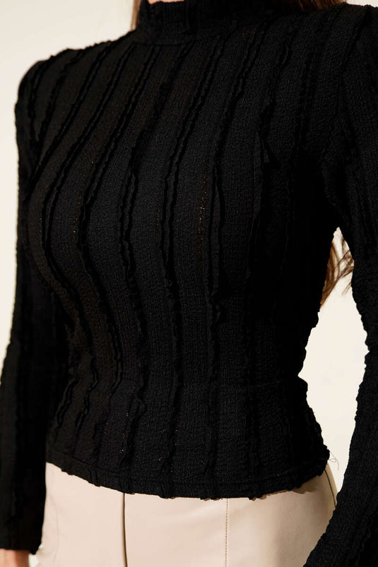 Şerit Fırfırlı Balıkçı Yaka Bluz Siyah