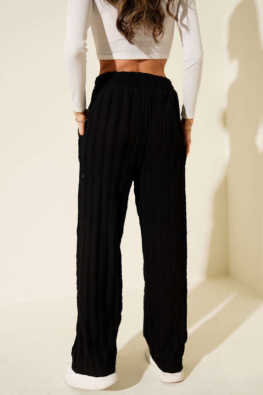 Pantalon rayé à volants et taille élastique, noir