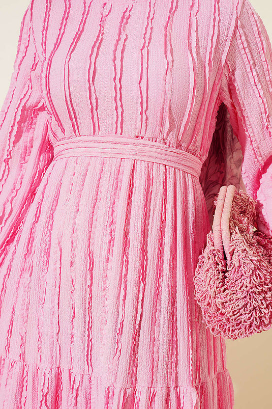 Şerit Fırfırlı Kuşaklı Elbise Pembe