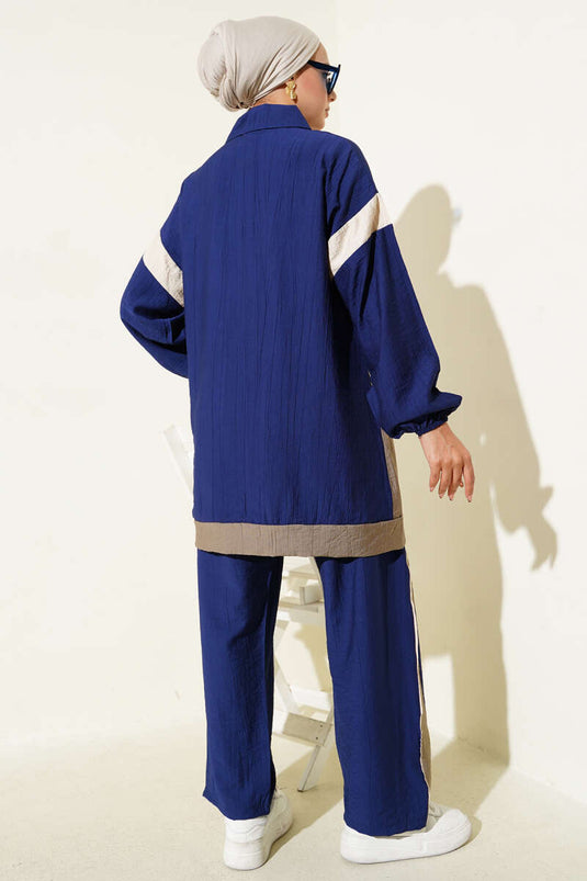 Costume deux pièces à rayures et fermeture éclair bleu marine beige