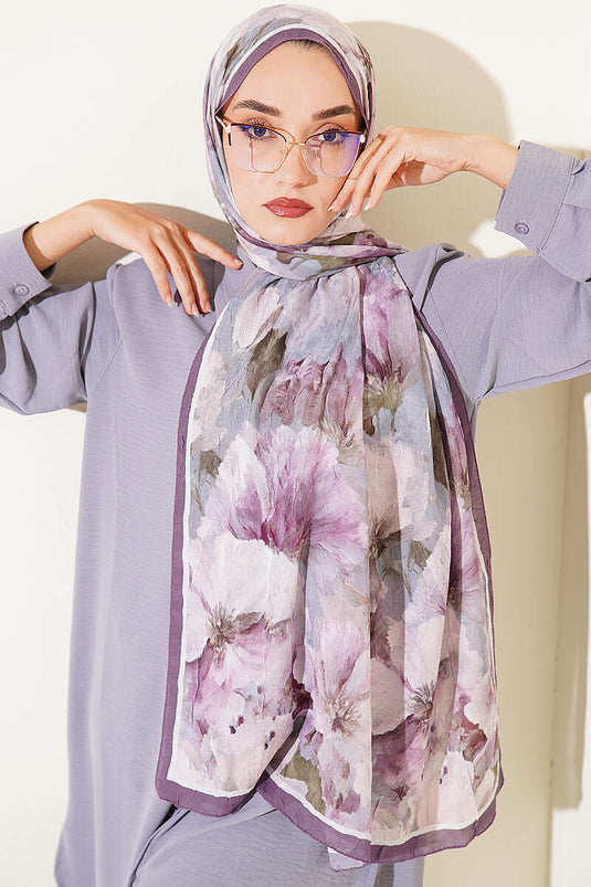 Écharpe En Bambou À Rayures Et Fleurs, Couleur Violet Foncé
