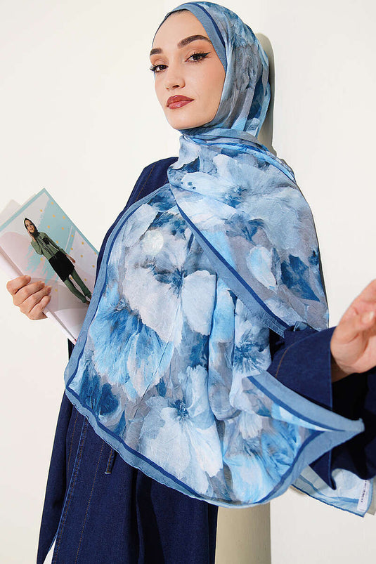 Blue Striped Floral Bamboo Kraş Shawl